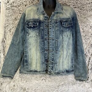 Grindhouse Denim Faded Light Blue Jean Jacket Pleated Mens 2XL Button Up Trucker
